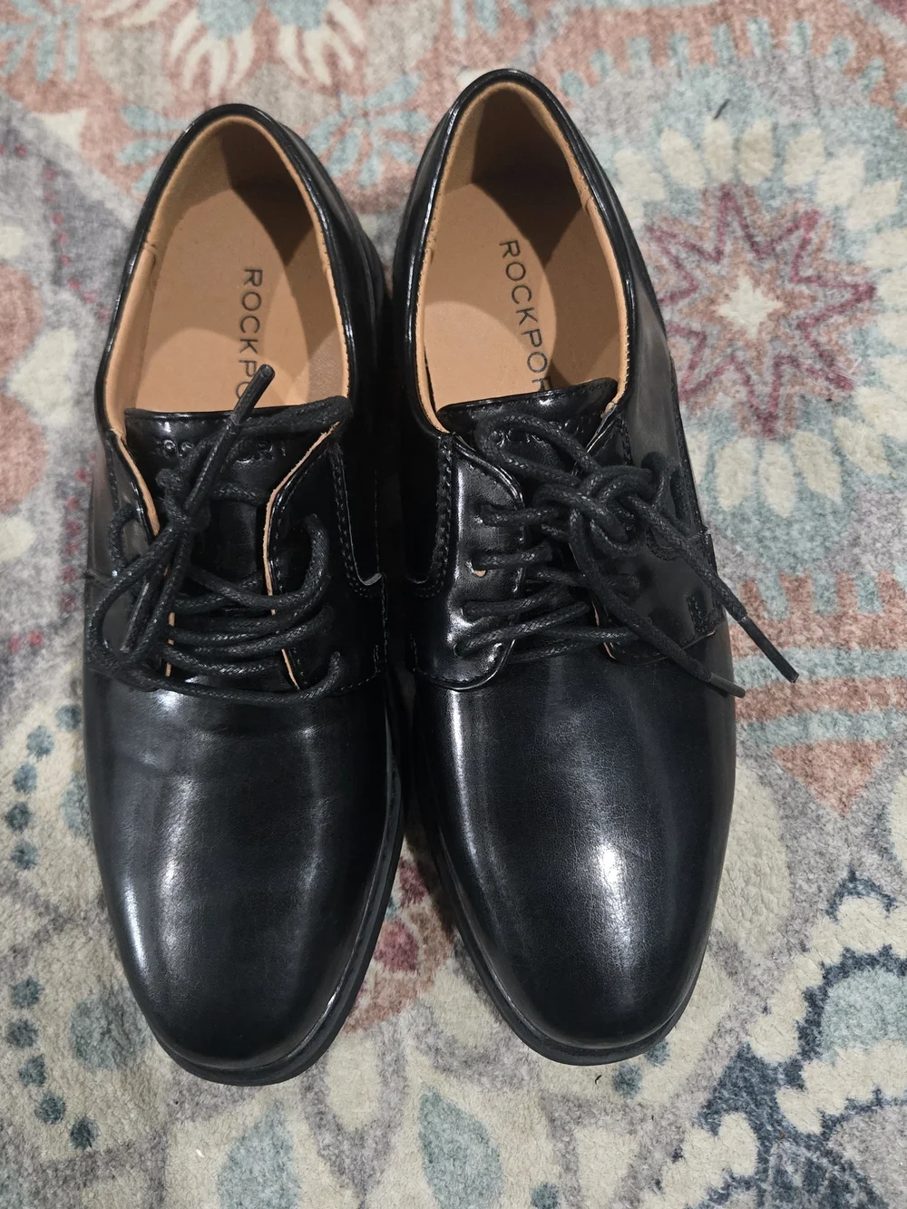 Rockport Boys 4 Classic Black Patent Leather Lace-Up Dress Shoes